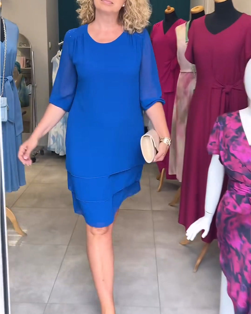 Half-Sleeve Crewneck Double-Layer Tiered Dress