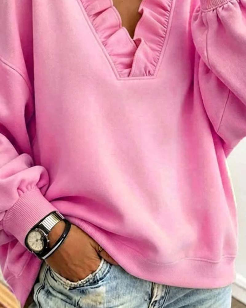 Ruffle V-Neck Drop Shoulder Sweatshirt