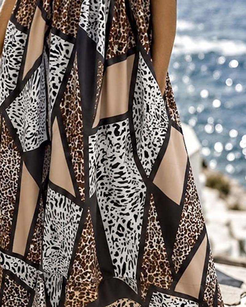 Geometric Patchwork Leopard Full Skirt Maxi Dress