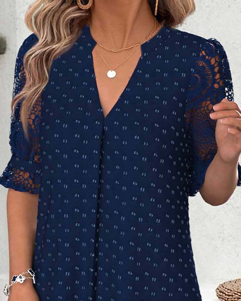 V-Neck Print Lace Patchwork A-Line Dress