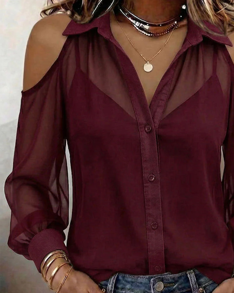 Lapel Off Shoulder Sheer Shirt Camisole Two Piece Set