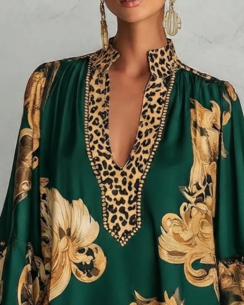 Leopard Lantern Sleeve Stand Collar Print Dress