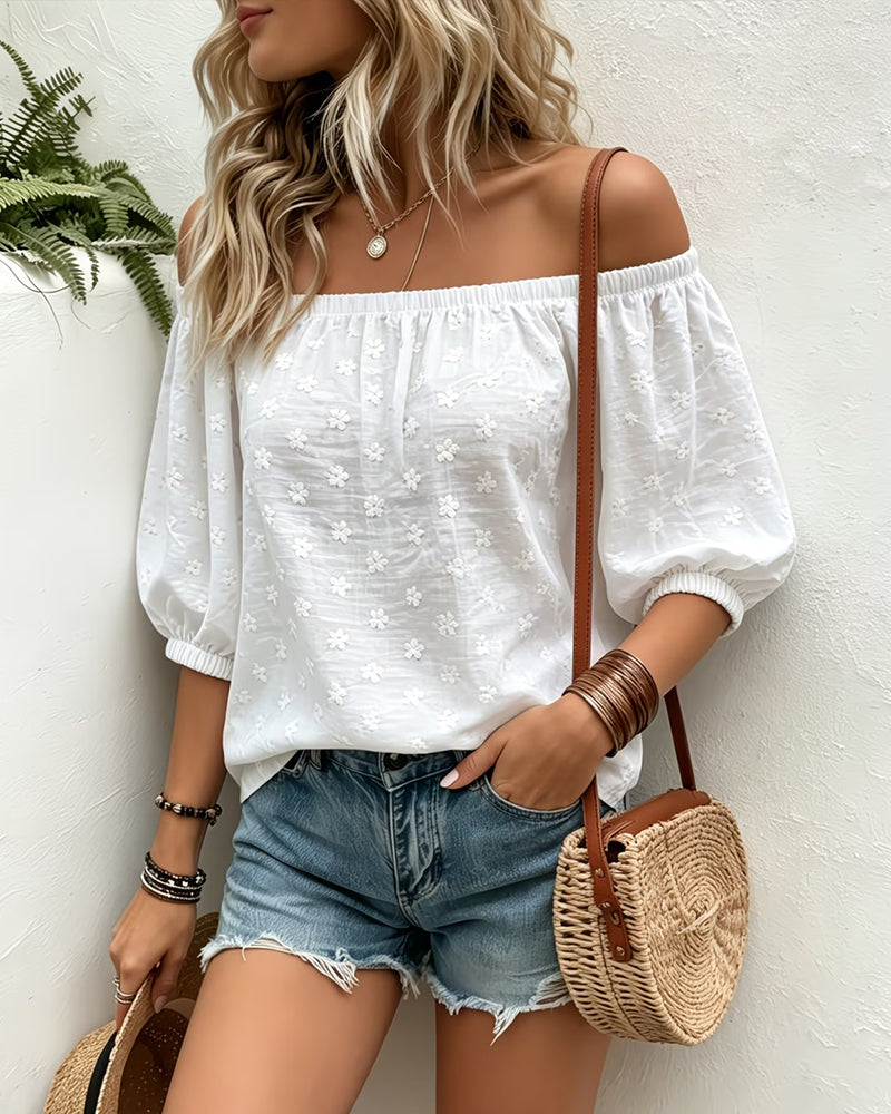acquard Off-Shoulder Puff Sleeve Blouse