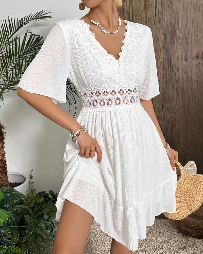 V-Neck Lace Trim Waist A-Line Dress