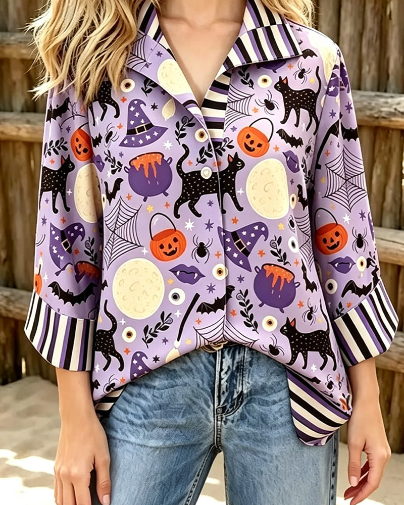 Lapel Button Stripe Halloween Blouse
