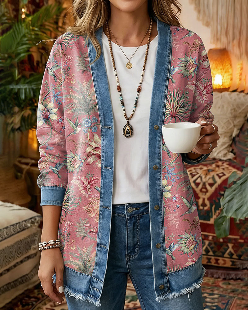 Bohemian Denim Patchwork Floral Coat