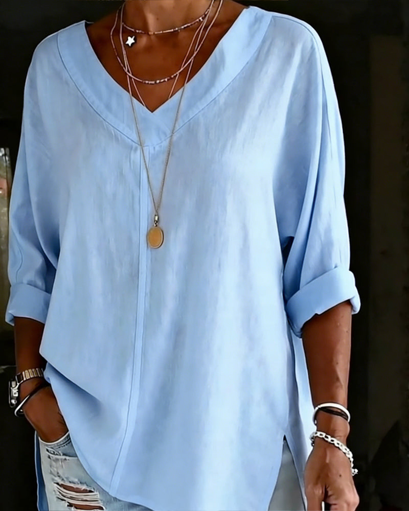 100% Cotton V-Neck Three-Quarter Sleeve Slit Top