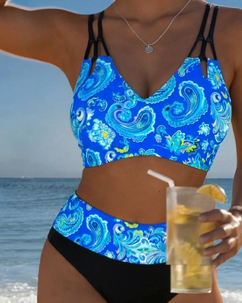 Color Block Strap Paisley Bikini