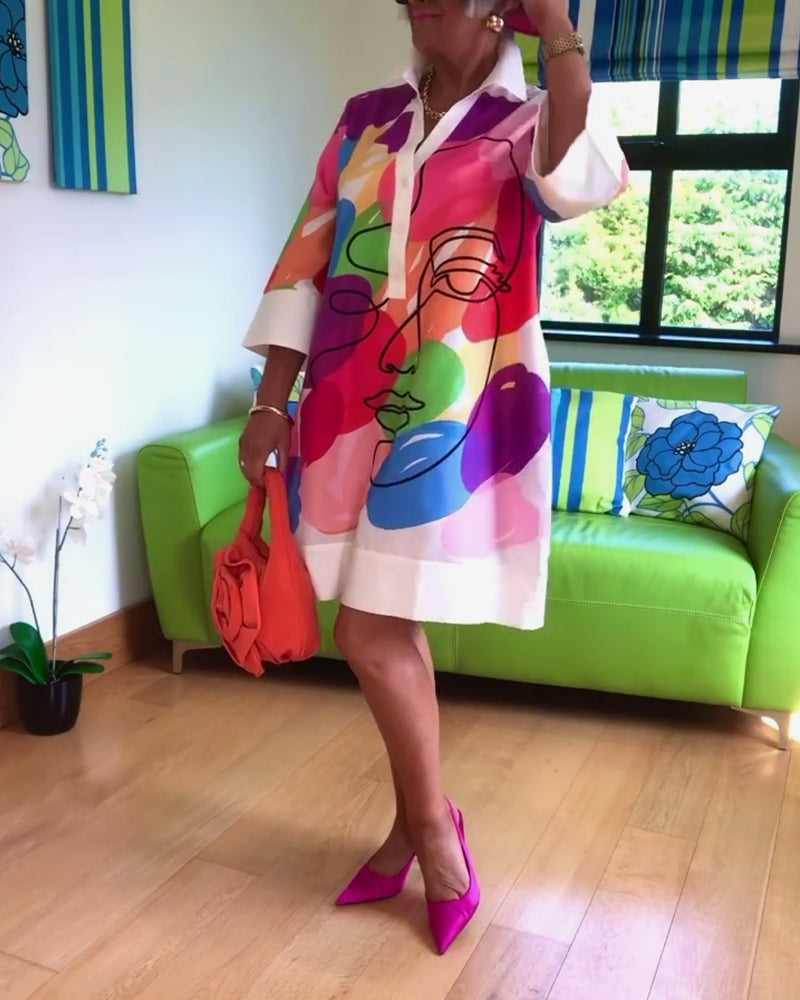 Lapel color portrait print dress