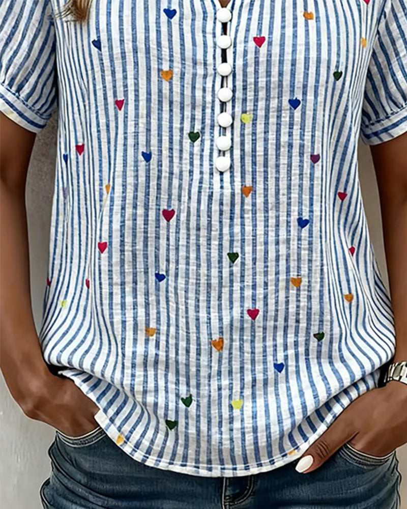Puff Sleeve Heart Stripe Blouse