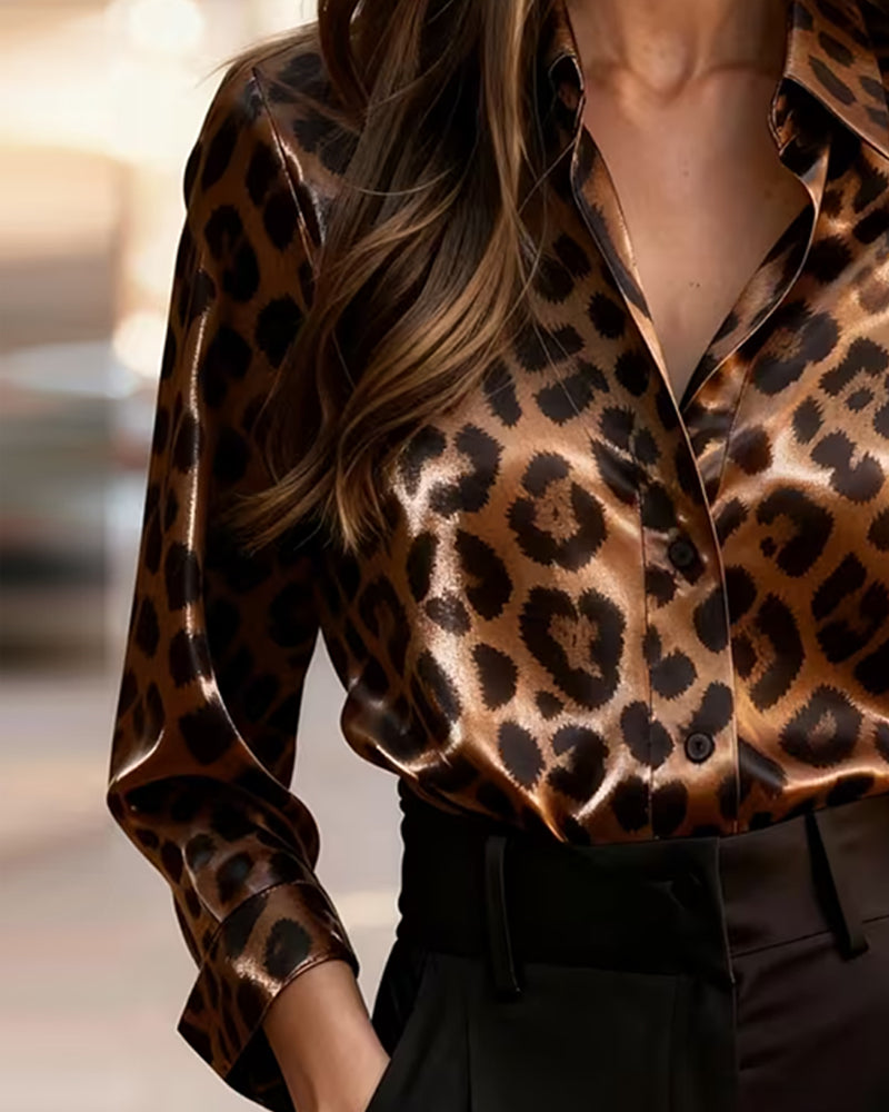 Lapel Leopard Print Long-Sleeve Draped Blouse