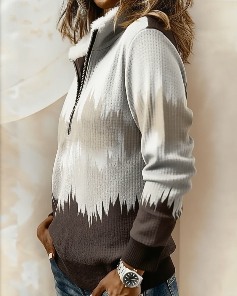 Half-Zip Fur Collar Gradient Printed Sweatshirt