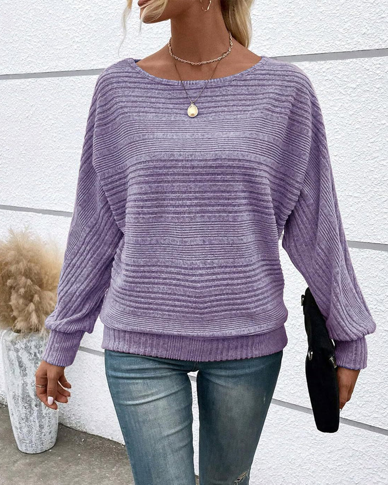 Solid Color Round Neck Long Sleeve Striped Top