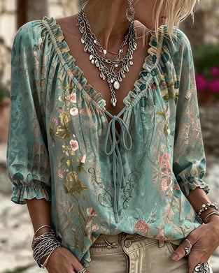 Floral Print Drawstring Three-Quarter Sleeve Blouse