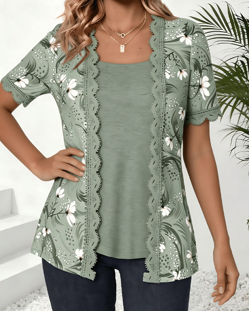 Faux Layered Wave Ruffle Print T-Shirt