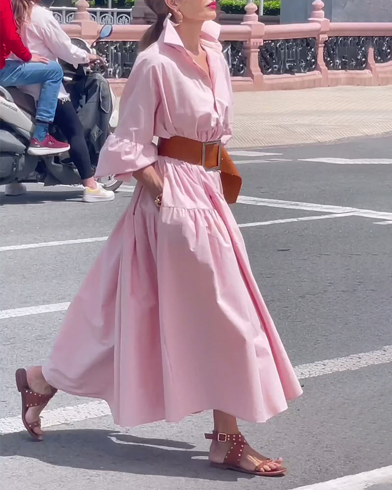 Solid color lapel wide swing dress