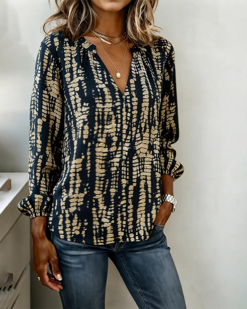 Stand-Collar Long-Sleeved Printed Top