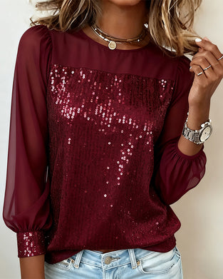 Sequin Paneled Round Neck Long Sleeve Top