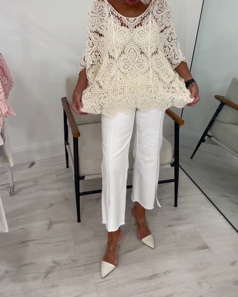Three-Quarter Sleeve Cutout Pullover