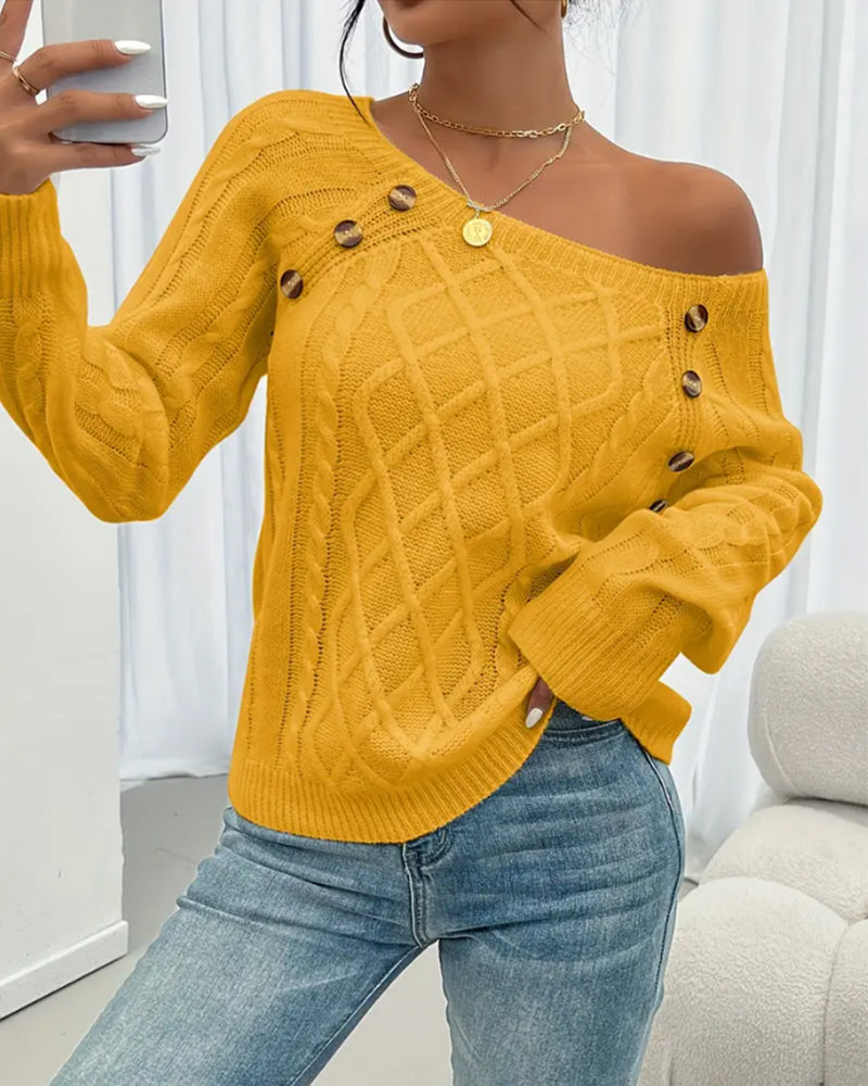 Solid Raglan Sleeve Buckle Cable Knit Sweater