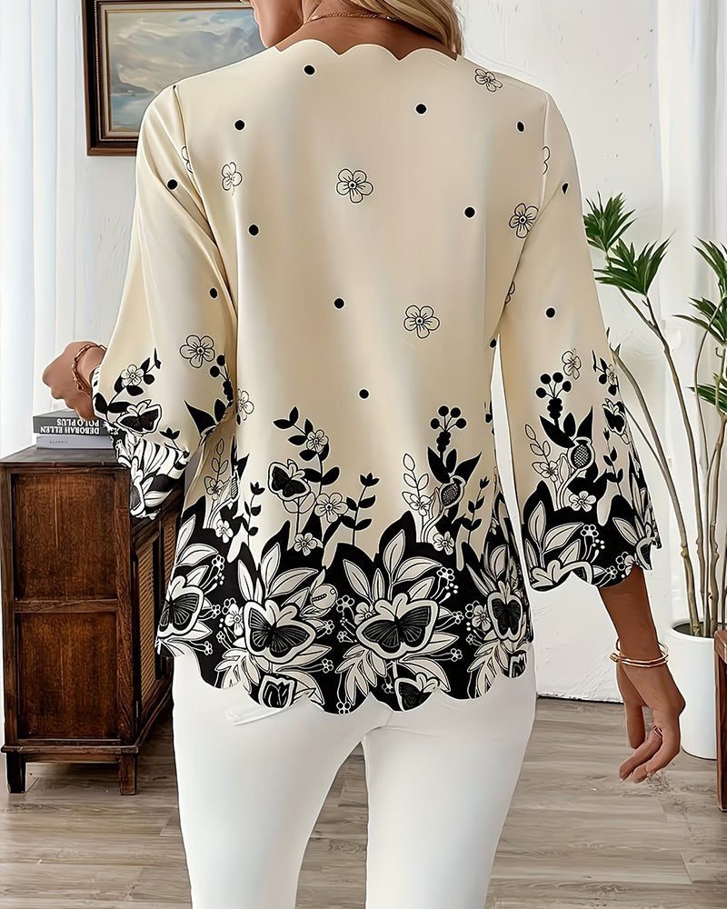 V-Neck Three-Quarter Sleeve Irregular Blouse