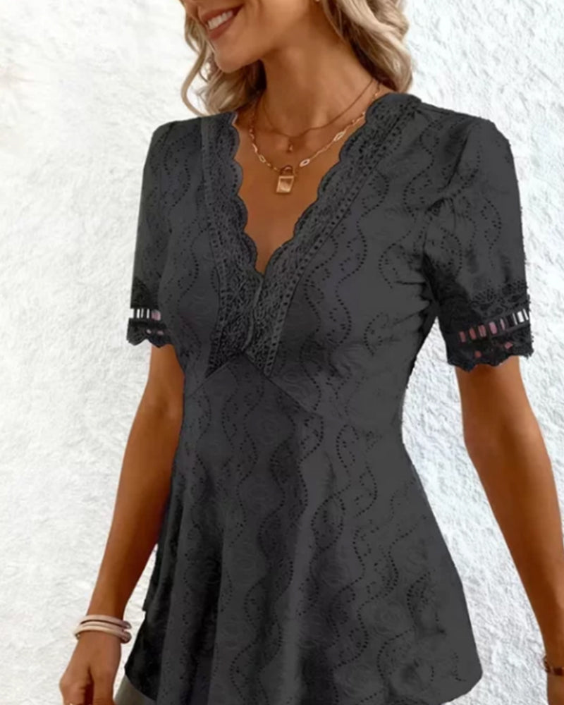 Lace V-Neck Hollow Out Blouse