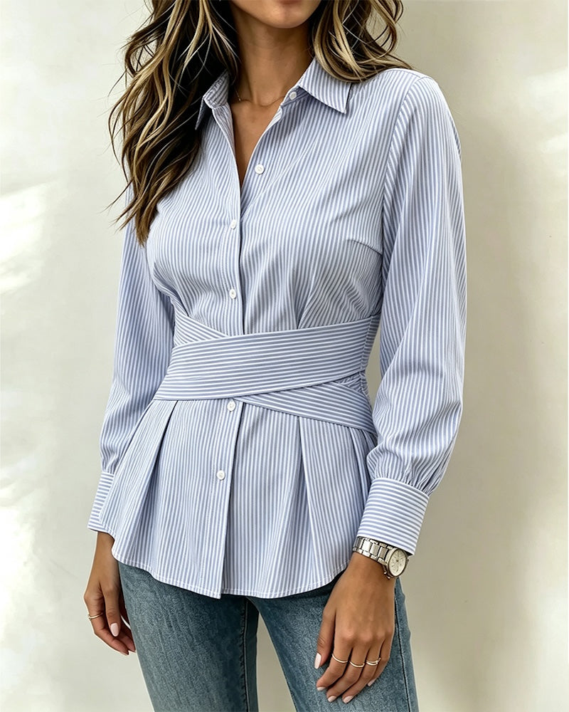 Striped Waist-Cinch Belted Blouse