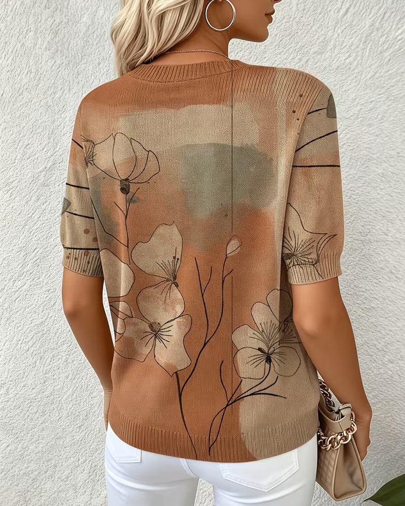 Printed Short-Sleeve Knitted Pullover