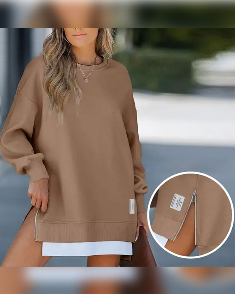 Long Sleeve Pullover Zipper Slit Casual Sweatshirt Dress
