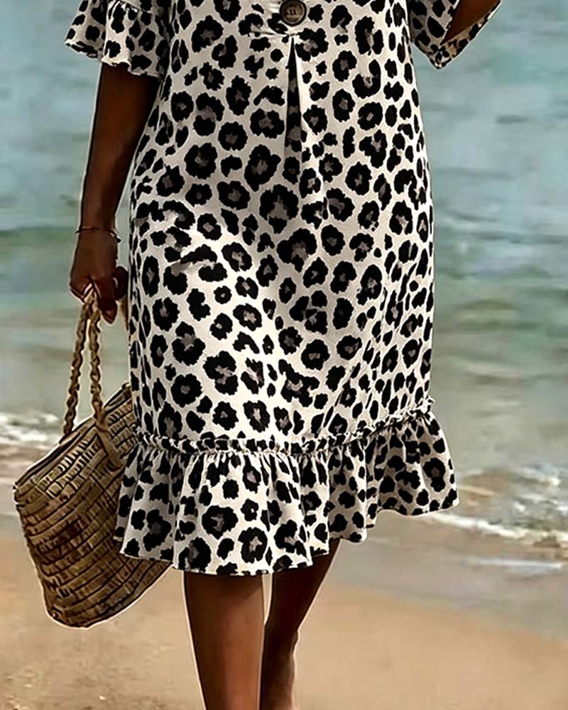 Leopard Print V-Neck Ruffled Dress