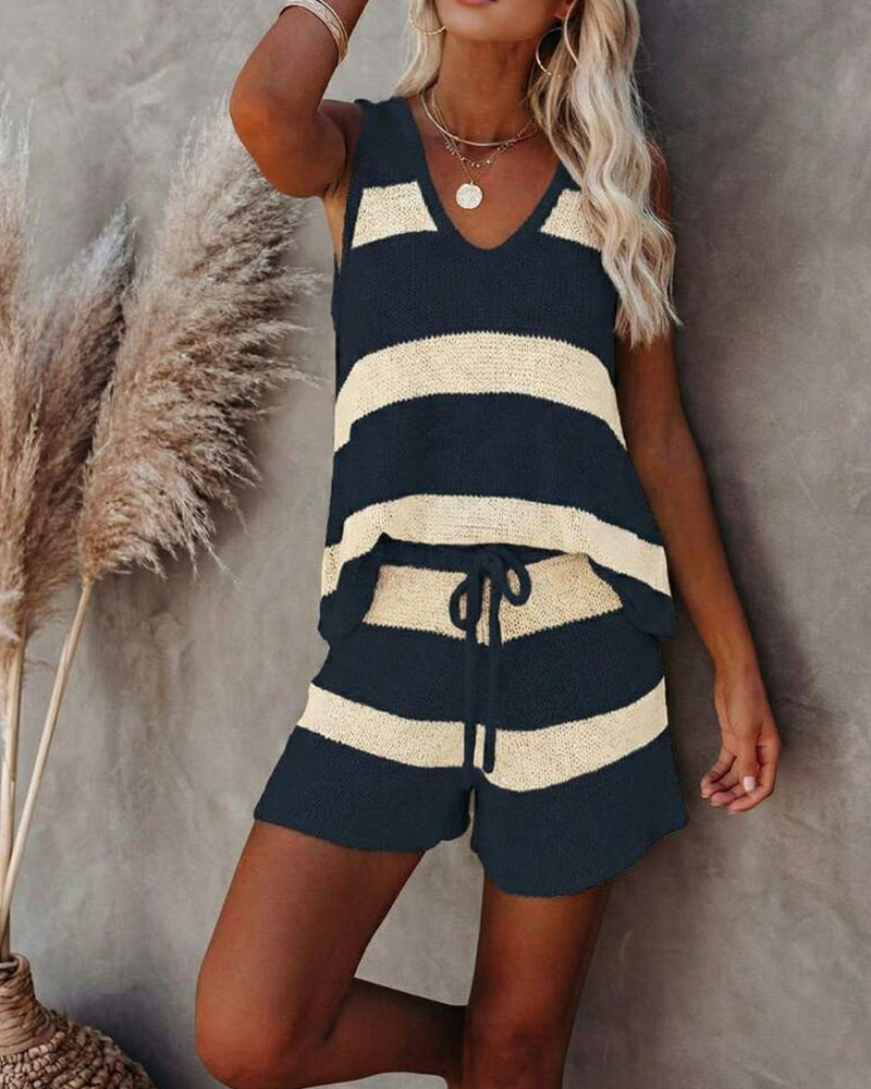 Sleeveless V-Neck Striped Shorts Set