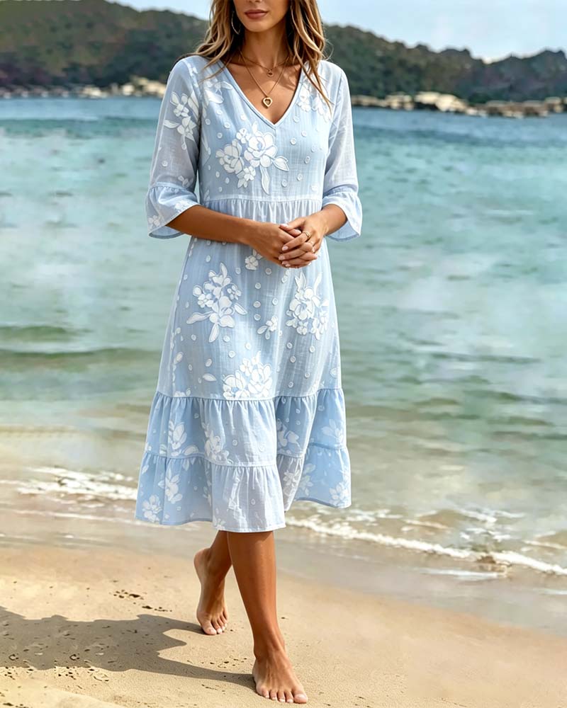 Floral V-Neck Half-Sleeve Dress