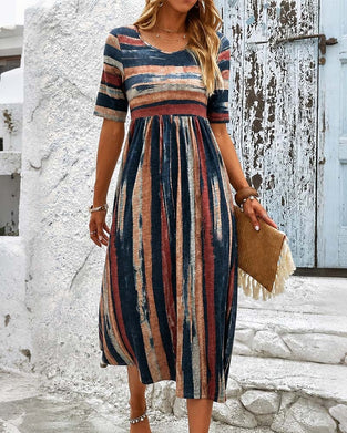 Crew Neck Striped High Waist A-Line Dress