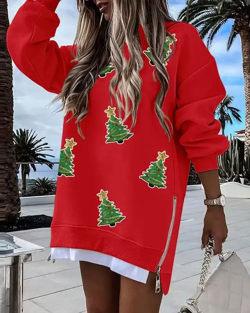 Christmas Tree Print Side Zip Sweatshirt Dress