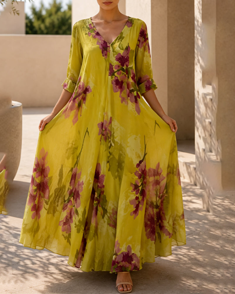 Ink Wash Floral V-Neck Dresses