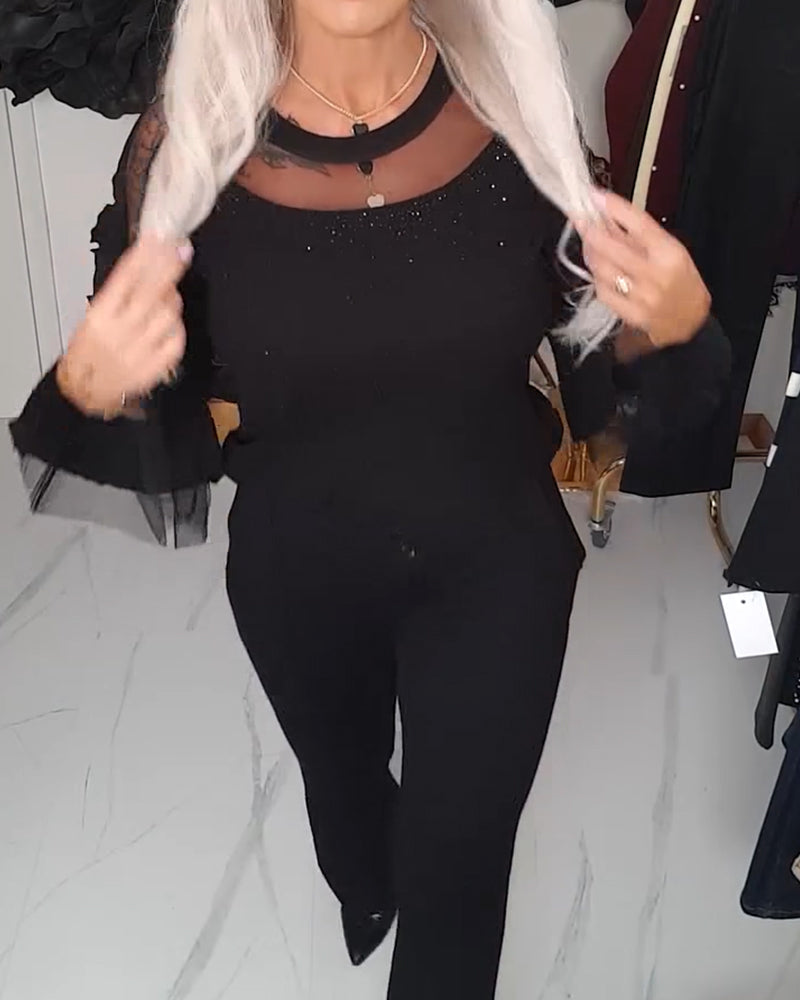 Bell-Sleeved Mesh-Paneled Top