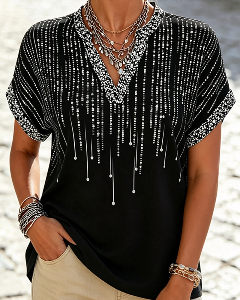 Off-Shoulder V-Neck Print Blouse