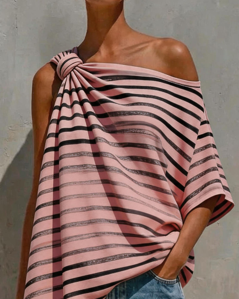 Striped One-Shoulder Twist Knot Blouse