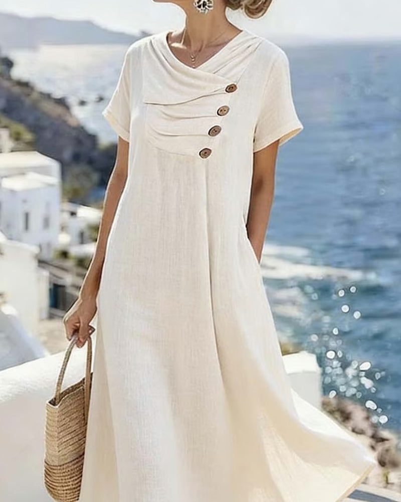 Wide-Hem Solid-Color Button-Down Dress
