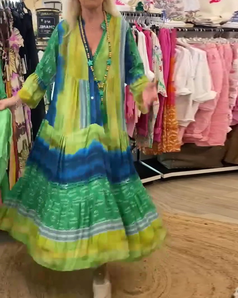 Printed casual V-neck flare sleeve long dress