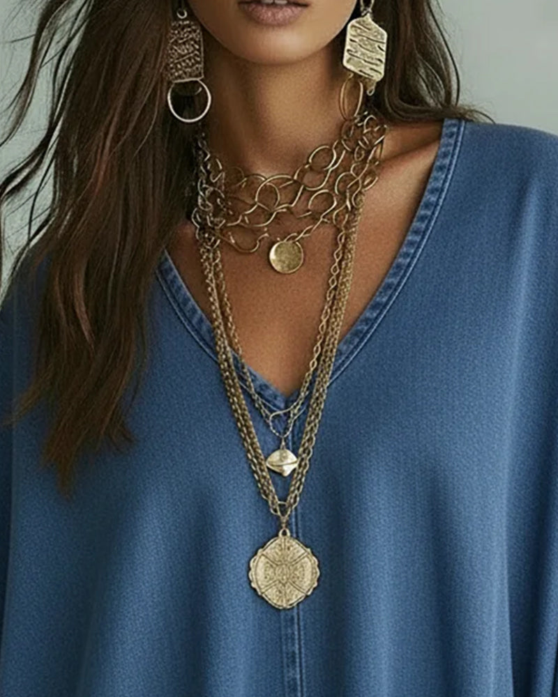 Irregular V-Neck Loose Denim Blouse