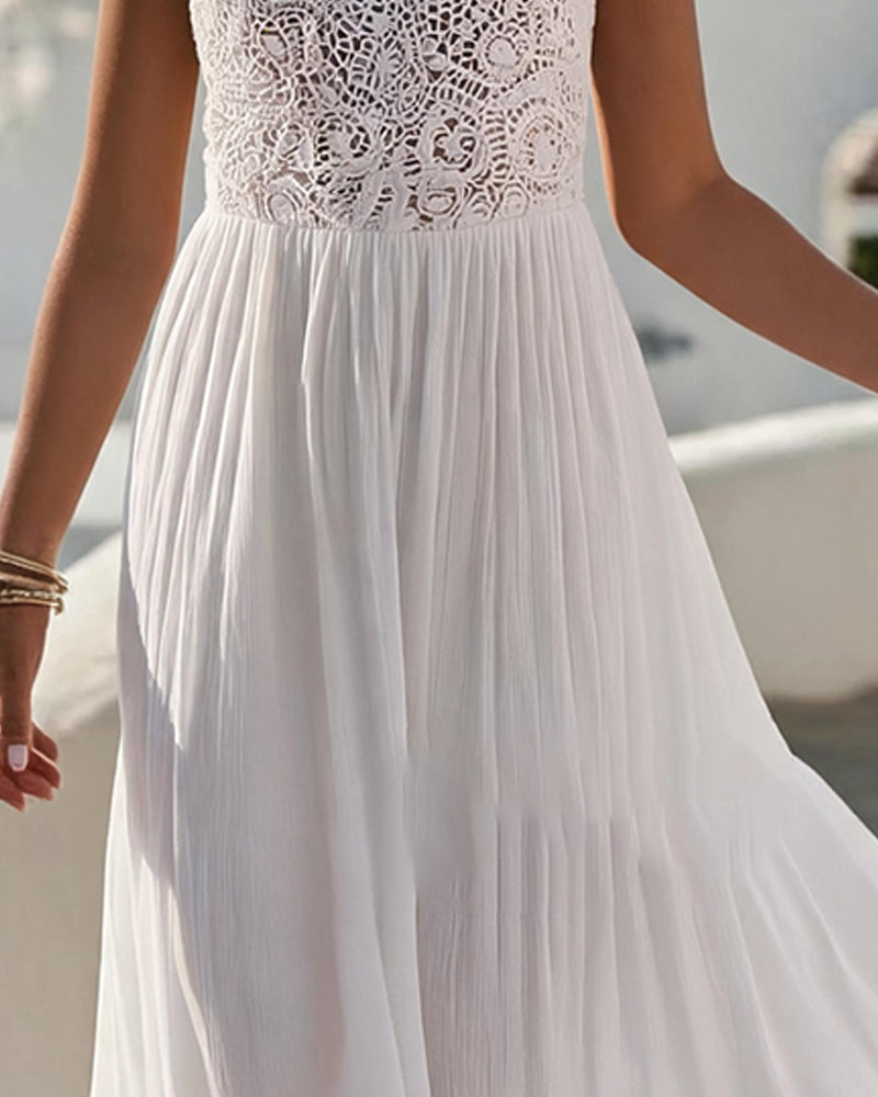 Spaghetti Strap U-Neck Sleeveless Lace Patchwork Dress