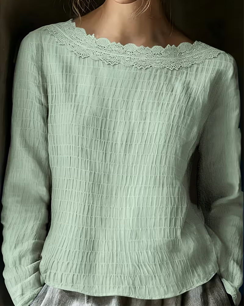 Crew Neck Smocked Lace Panel Solid Blouse