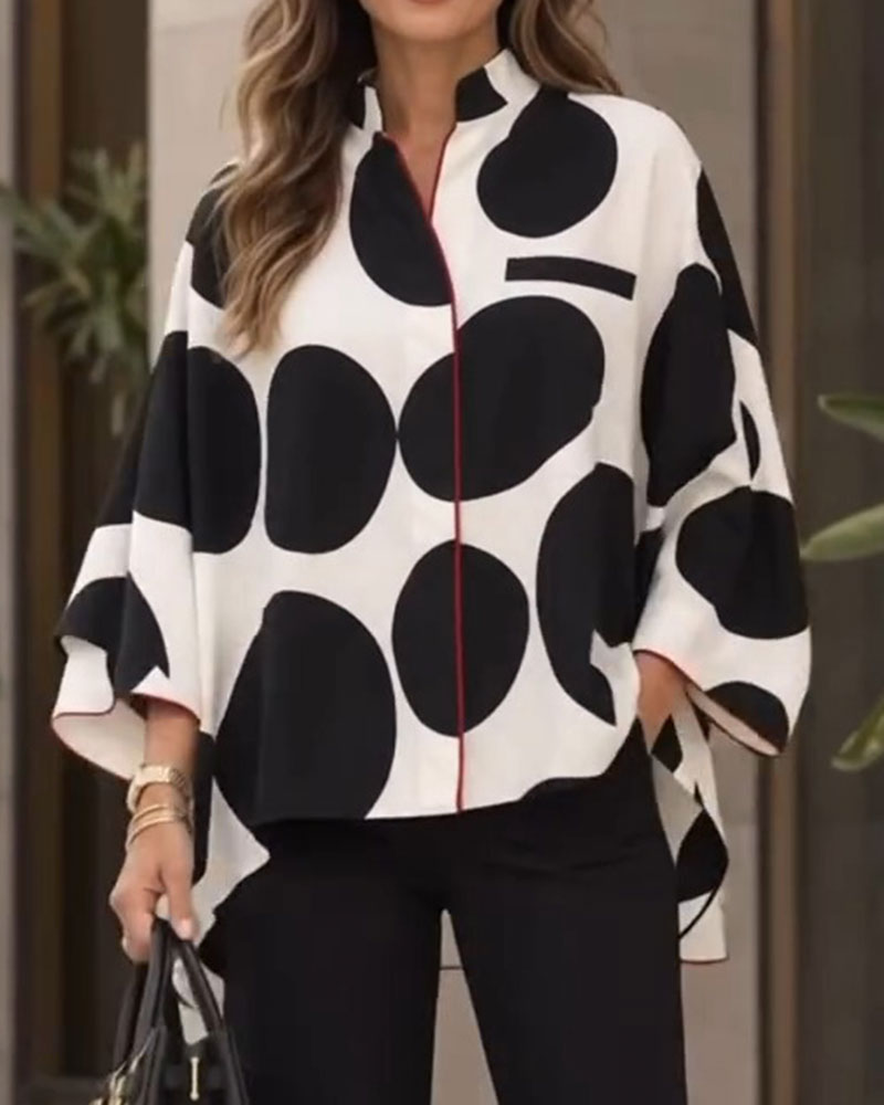 Stand Collar Large Polka Dots Loose Irregular Blouse