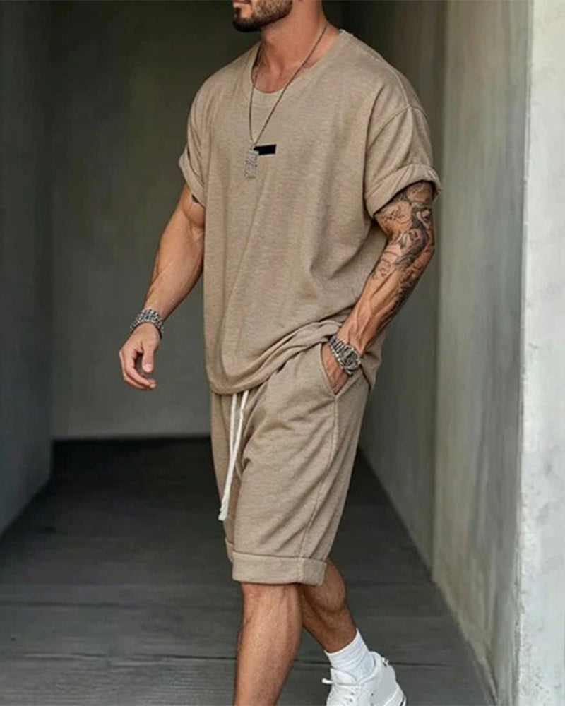 Casual Short Sleeve Drawstring Shorts Two-Piece Set