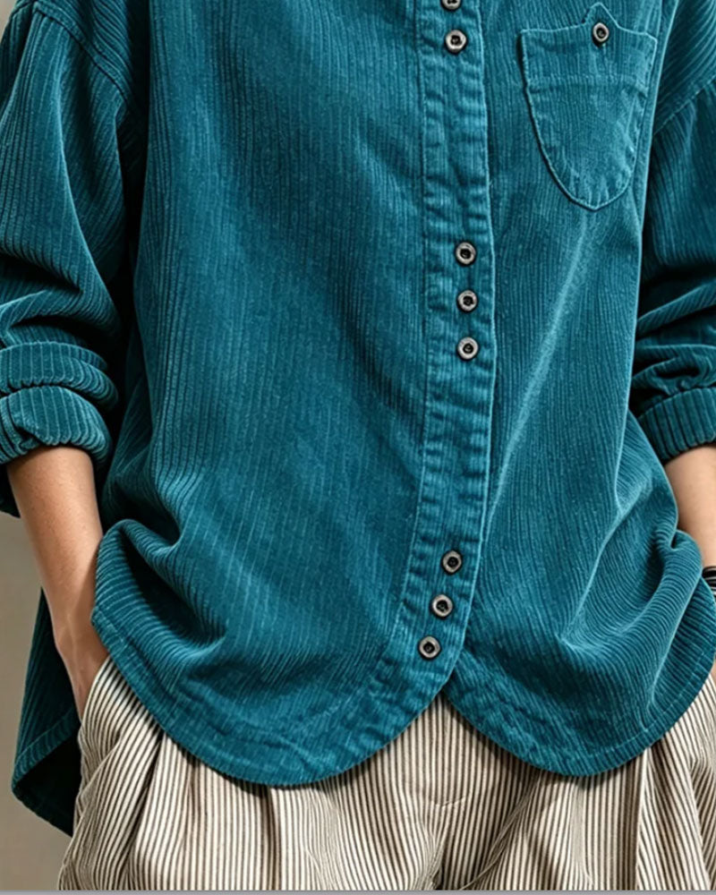 Lapel Button Striped Pocket Shirt