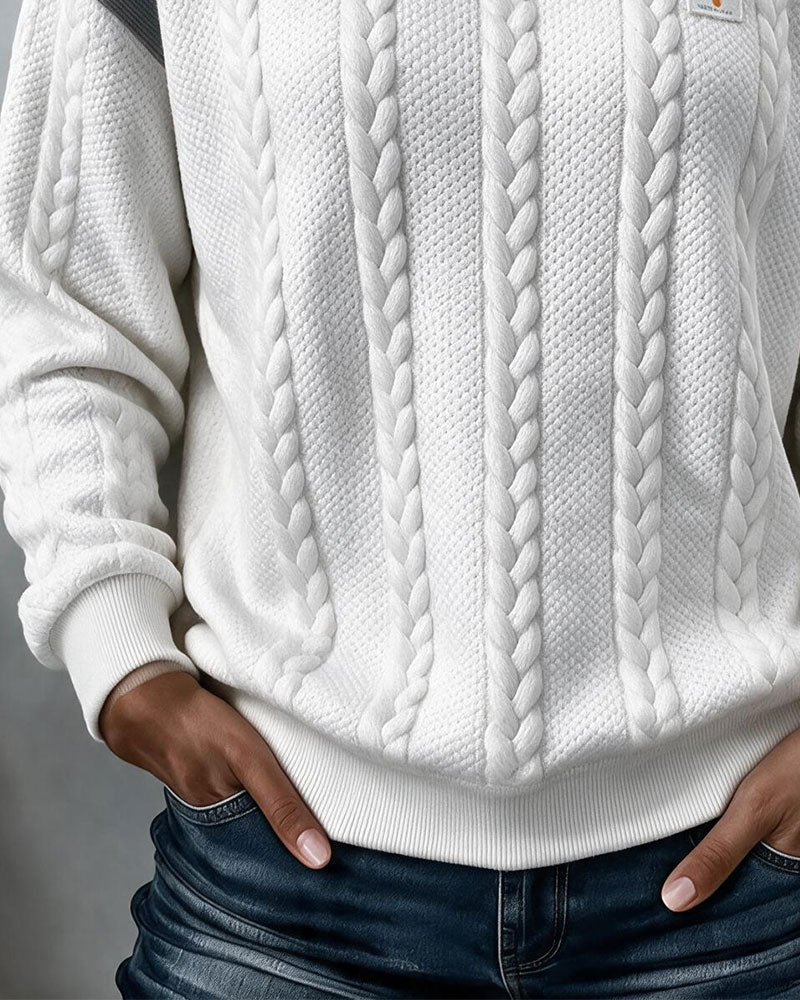 Crew Neck Cable Knit Color Block Sweatshirt