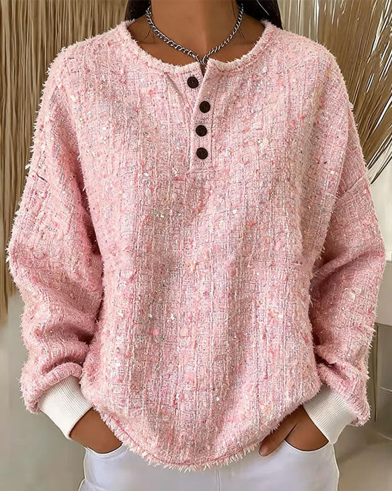 Tweed Henley Collar Button-Up Sweatshirt