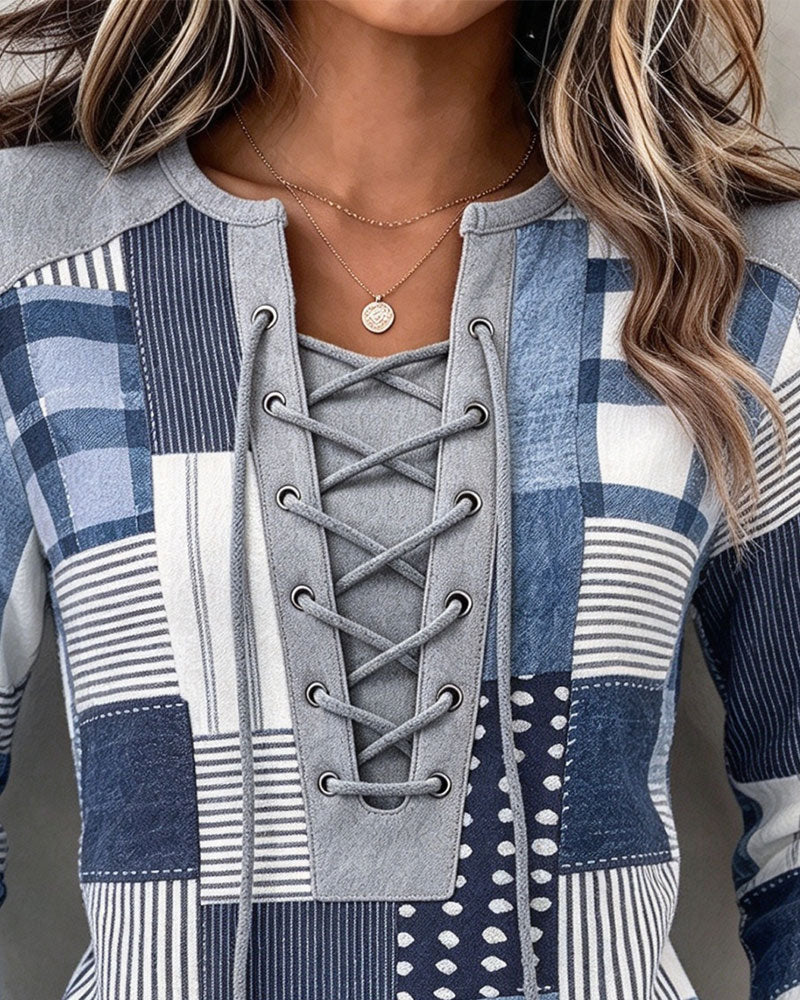 Lace-Up Plaid Long-Sleeved Slim Sweatshirt