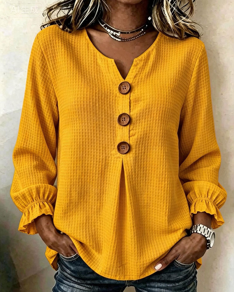 Three-Button Ruffle Sleeve Waffle Knit Long Sleeve Top